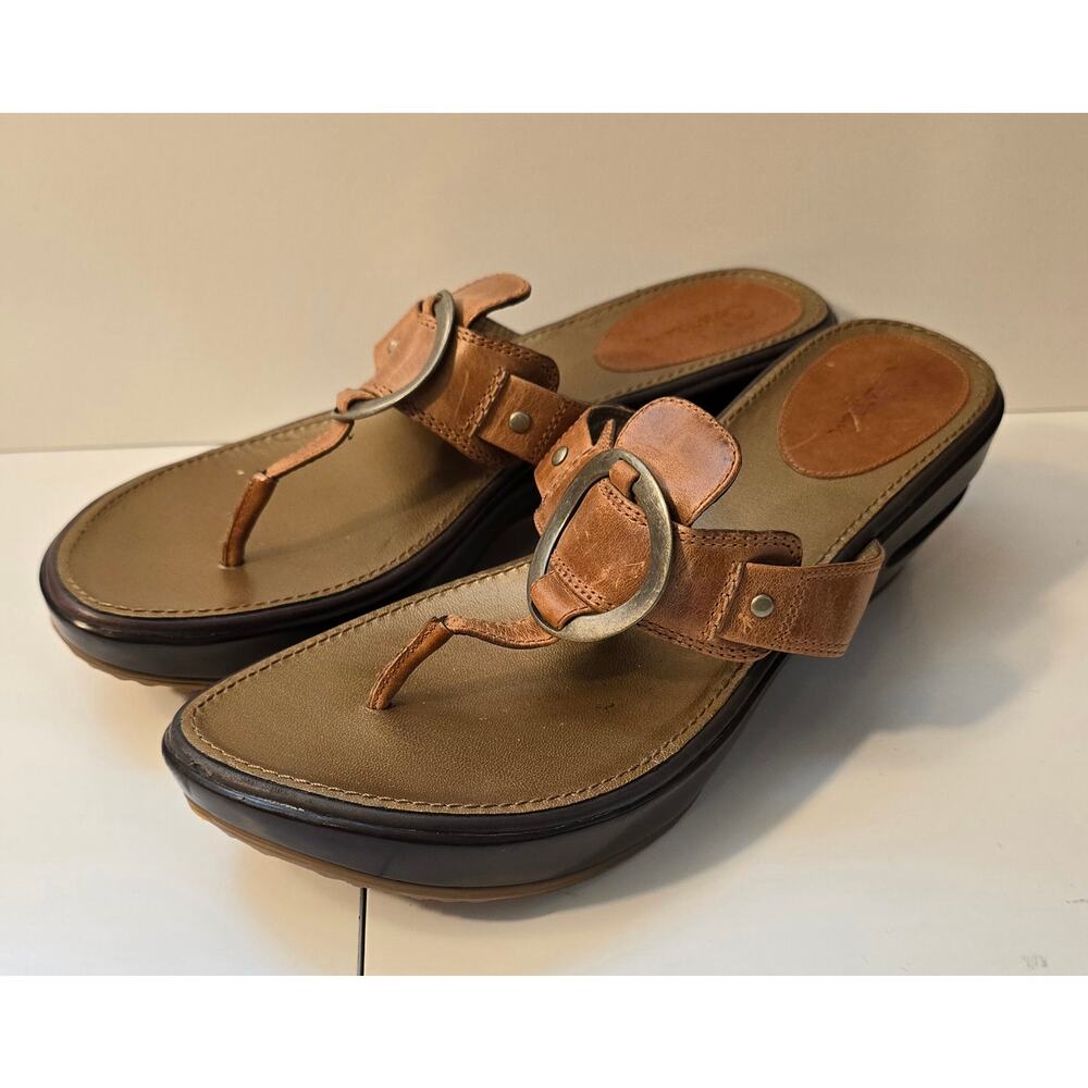 Cole Haan Nike Air Tatum Light Brown Leather Wedge Thong Sandals- Size 10.5 B